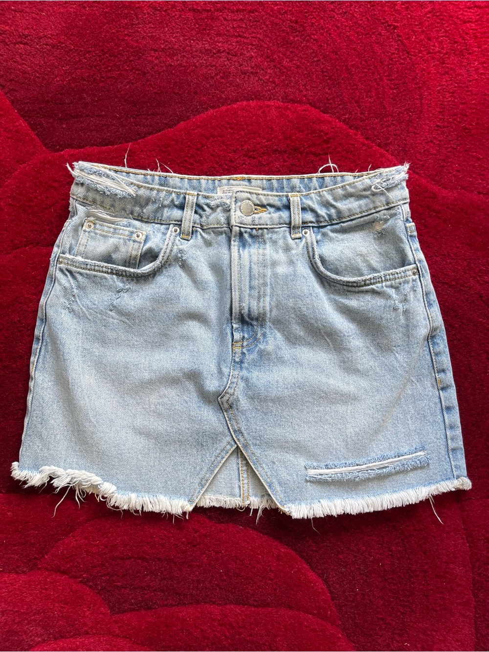 Light Blue Denim Mini Skirt with Frayed Hem